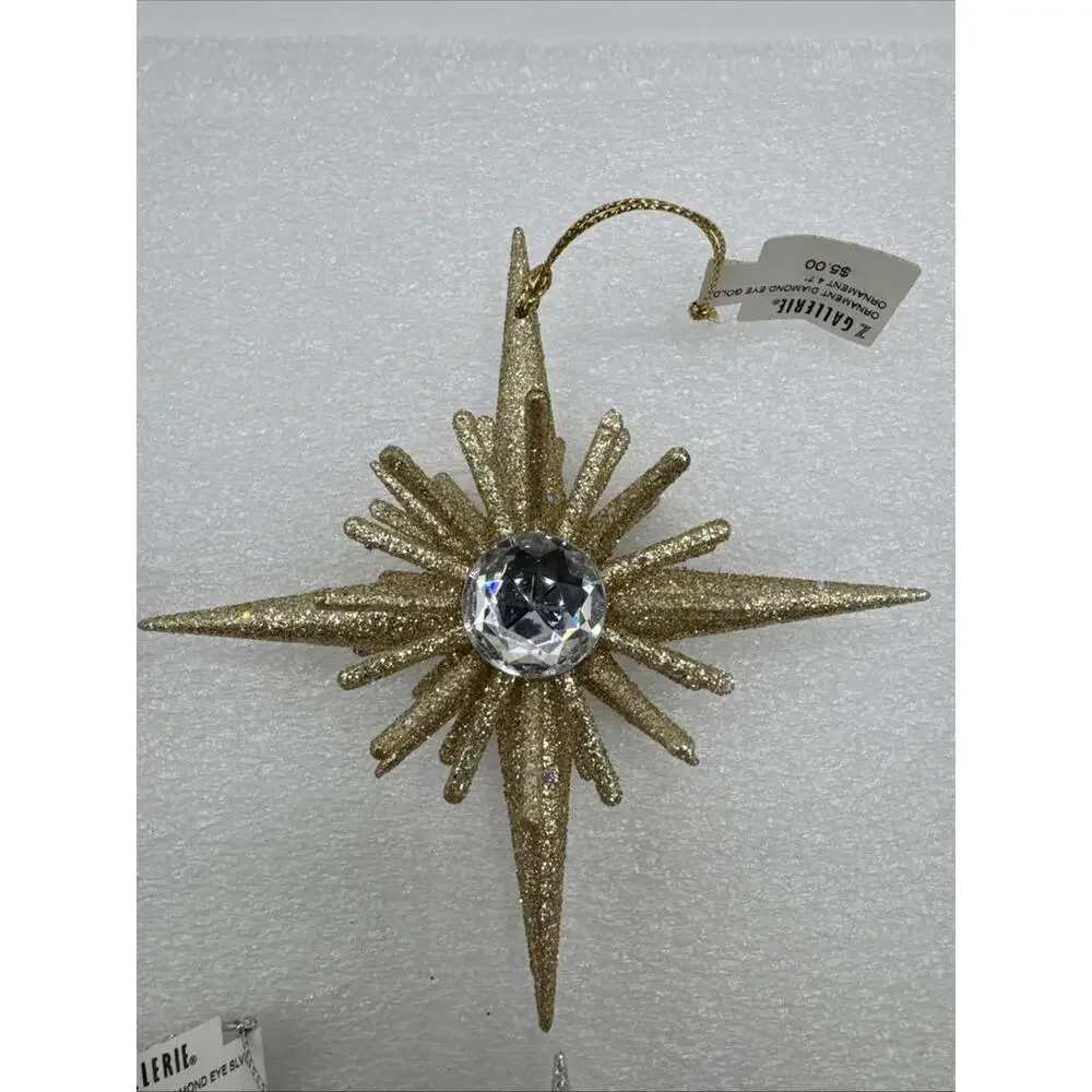 Set Of 4 Z Gallerie Diamond Eye Star Glitter 4.7” Ornaments 2 Silver 2 Gold 3D